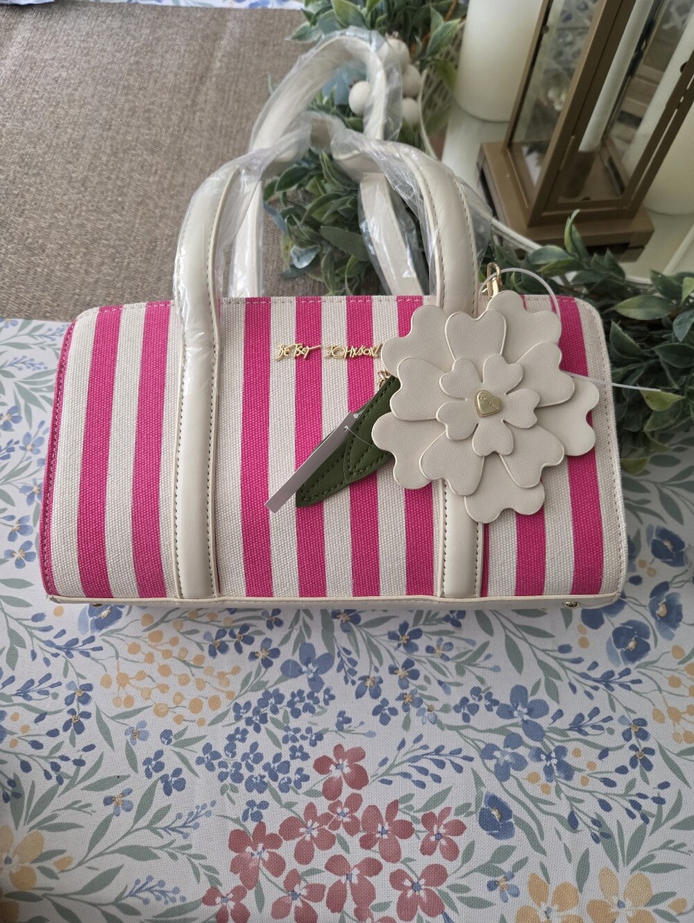 Betsey Johnson Pink and White Striped Mini Satchel with Flower Charm